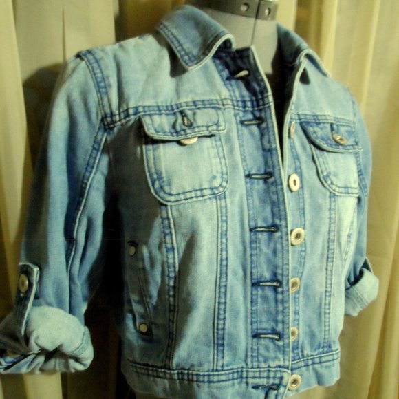 HIGHWAY JEANS Jacket Jr. M button up Medium wash denim coat Crop length Cover Up - Picture 2 of 5